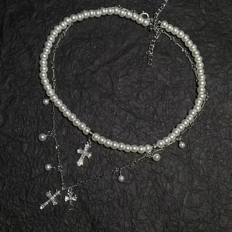 合金项链 珍珠十字架双层叠戴锁骨链