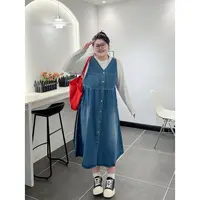 大码女装秋季百搭花契200斤胖mm漂绿做旧风牛仔背带连衣裙8667-X