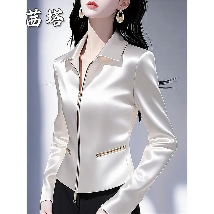 2025年时尚百搭新款减龄独特别致的衬衫设计感白色缎面拉链衬衫女