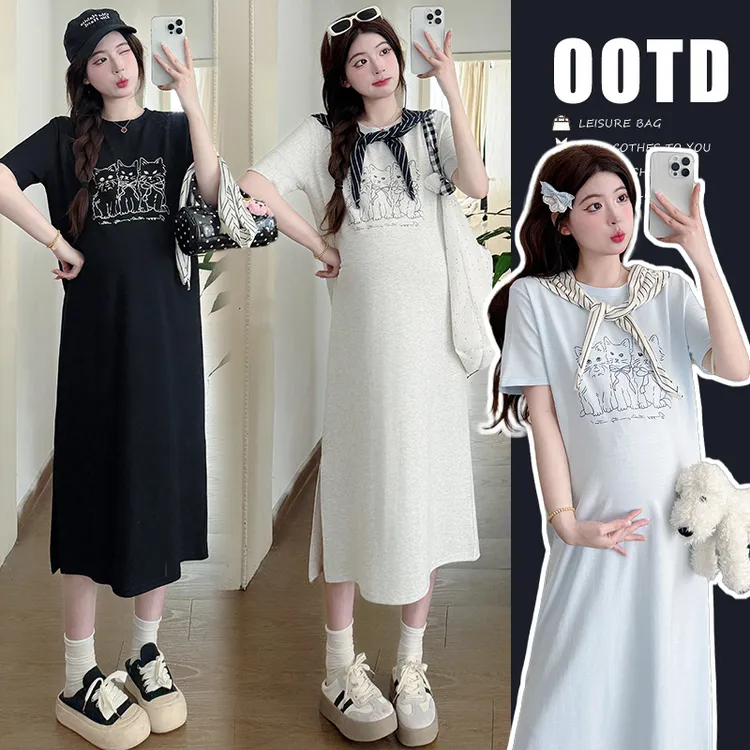 孕妇夏装2025新款卡通连衣裙宽松韩版大码中长款显瘦t恤裙子夏季