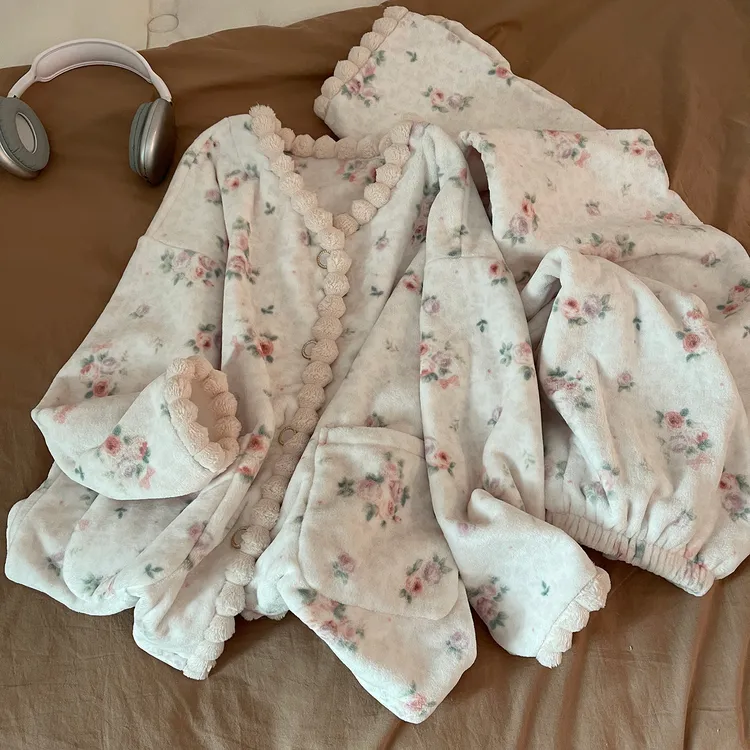 睡衣女冬季加绒加厚法兰绒粉色玫瑰开衫保暖少女珊瑚绒家居服套装