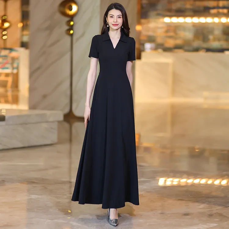 夏季长裙短袖连衣裙小黑裙时尚法式显瘦赫本风收腰气质长款高级感
