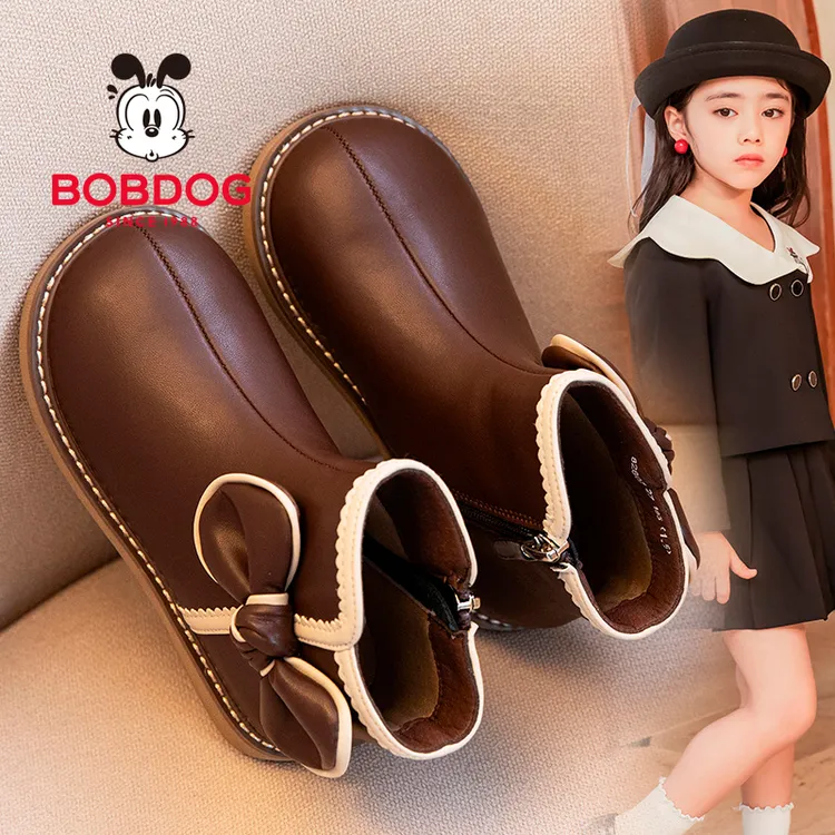 巴布豆女童靴子2025新款秋冬季短靴儿童鞋子马丁靴加绒公主小皮鞋