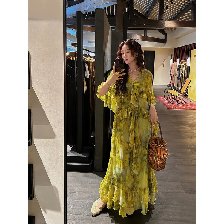 三吉黑花【三笙月】国风新中式金丝薄纱连衣裙子女夏2025新款漂亮