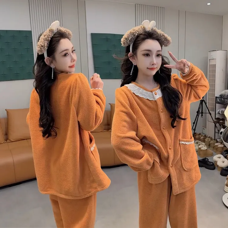 冬季加绒保暖宽松睡衣居服套装68166时尚网红洋气厚款大码二件套-