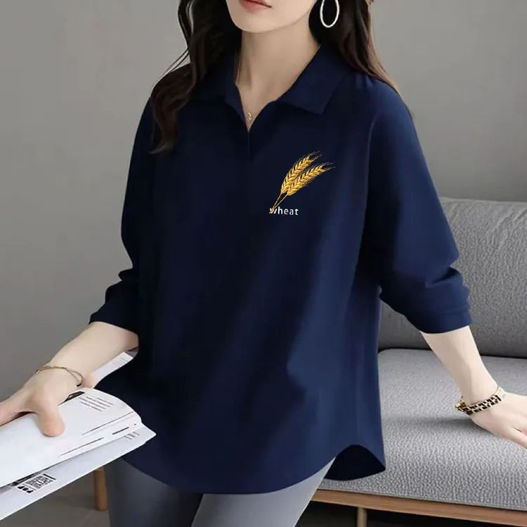 2025春秋新款休闲POLO衫女长袖套头宽松减龄弧形下摆翻领打底T恤