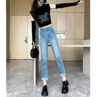 春秋款高腰烟管裤牛仔裤女款裤子韩版八分小个子高街穿搭直筒