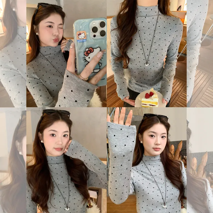 半高领灰色打底衫女士内搭2025冬新款波点长袖T恤上衣修身