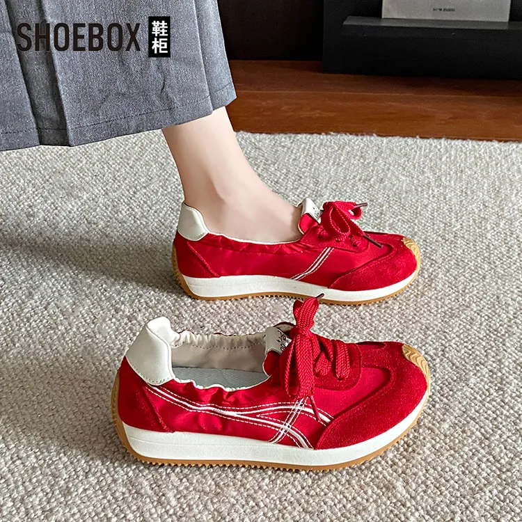 SHOEBOX鞋柜2025夏新款透气薄款浅口休闲鞋红色德训百搭软底女鞋