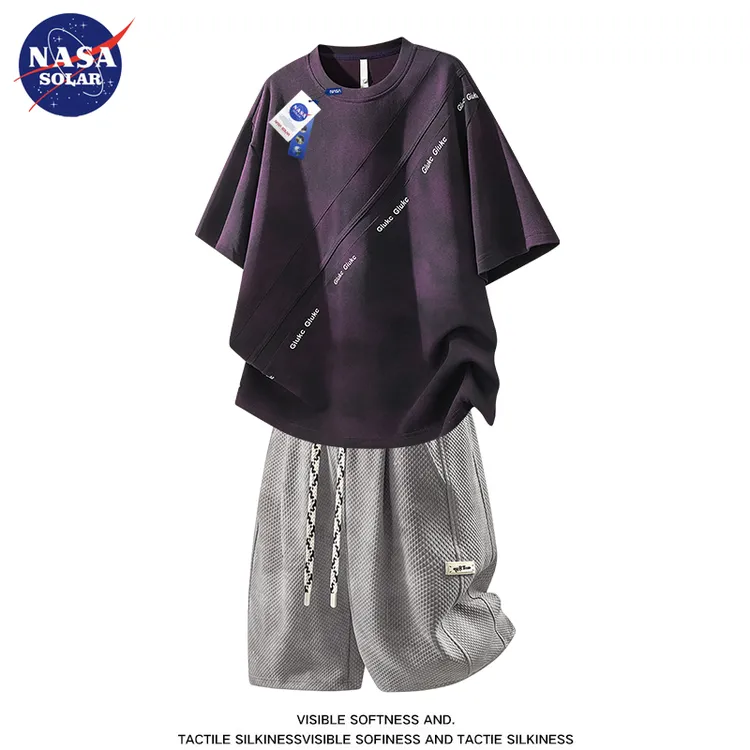 NASA SOLAR夏季大码休闲套装男士加肥加大码短袖短裤冰丝两件套