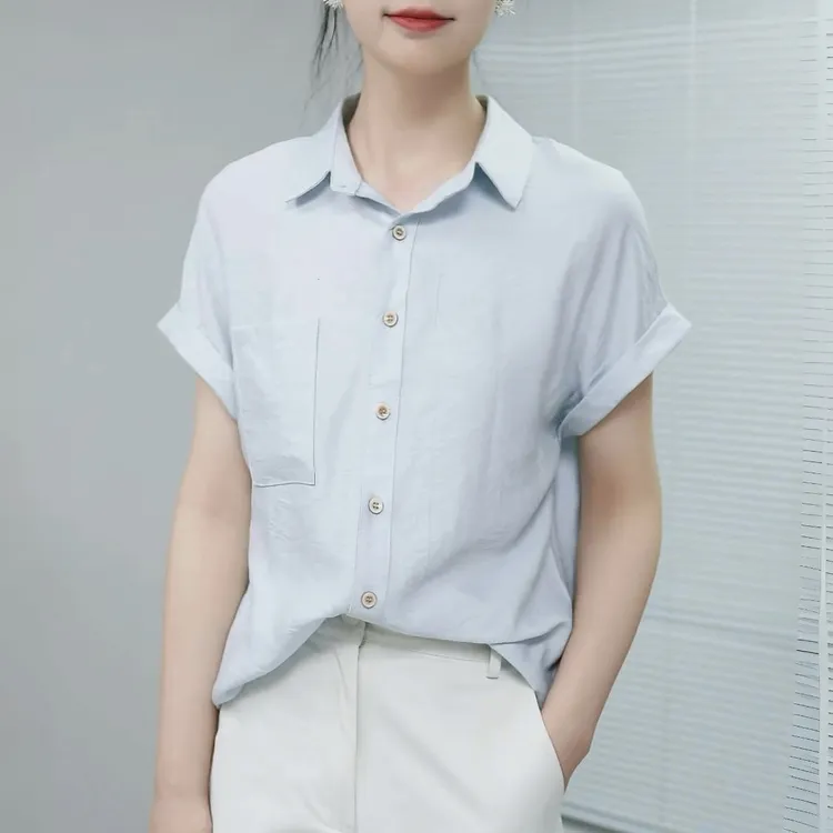 夏季翻领休闲落肩袖轻薄款显瘦上衣单口袋宽松短袖衬衫气质T恤女