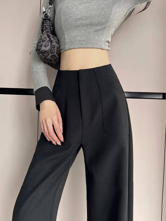 27黑色直筒西装裤女早秋新款高腰显瘦垂感小个子外穿窄版阔腿裤子