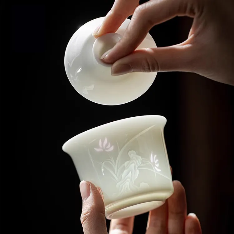玲珑瓷三才盖碗个人专用泡茶碗高档功夫茶具高端中国白瓷泡茶杯