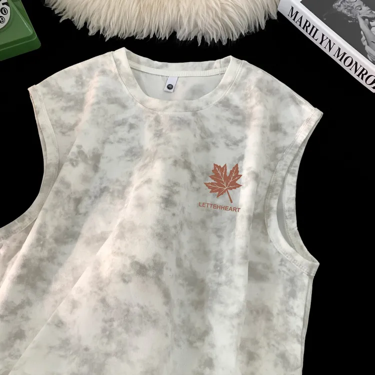 港风夏季印花男士背心简约运动透气休闲圆领宽松抗皱潮流无袖T恤