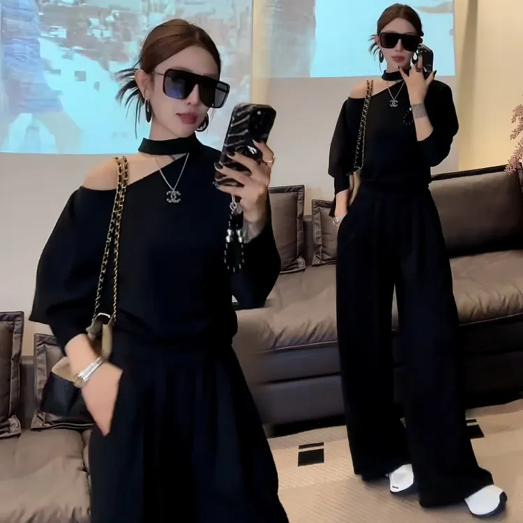 时尚超好看套装女2025秋季新款洋气宽松显瘦露肩上衣阔腿裤两件套