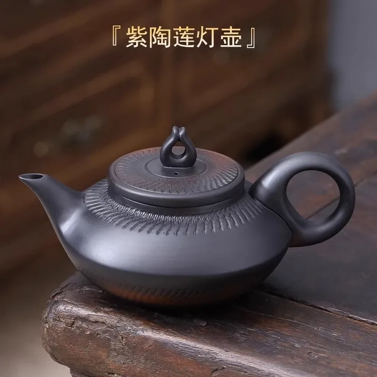紫陶莲灯壶复古泡茶壶原矿手工跳刀建水紫砂壶大容量功夫紫砂茶壶
