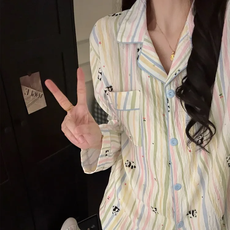 2025新款云朵棉睡衣女春秋季长袖大码开衫彩条熊猫冬天套装家居服