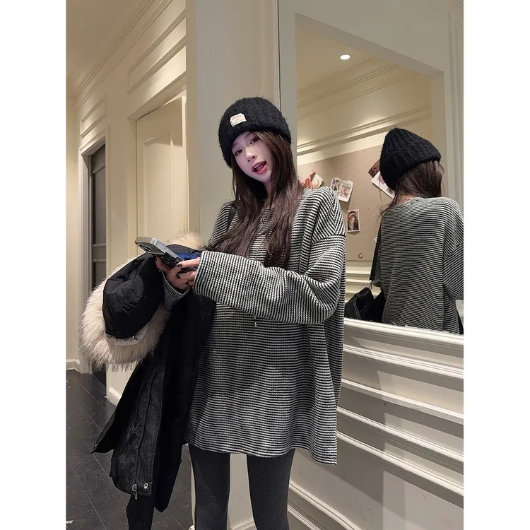 韩系宽松百搭中长款磨毛撞色条纹内搭长袖加厚慵懒风打底衫上衣潮