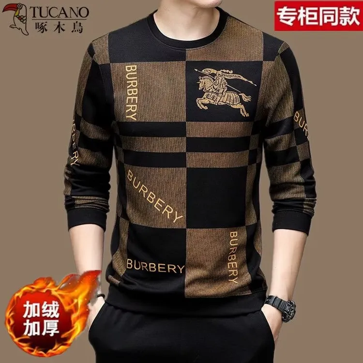 啄木鸟加绒加厚冬季新款纯棉卫衣长袖T恤男士休闲上衣宽松打底衫