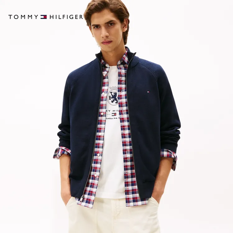 【柔软纯棉】Tommy秋冬男装商务休闲纯色立领开衫针织外套78J9322