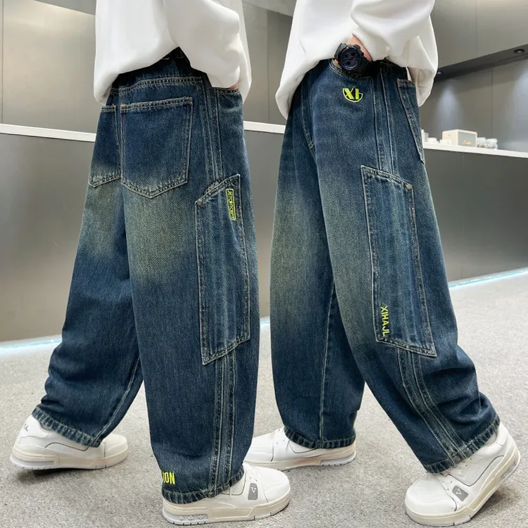 男童牛仔裤春秋款2025新款痞帅中大童宽松直筒裤男孩秋季休闲长裤