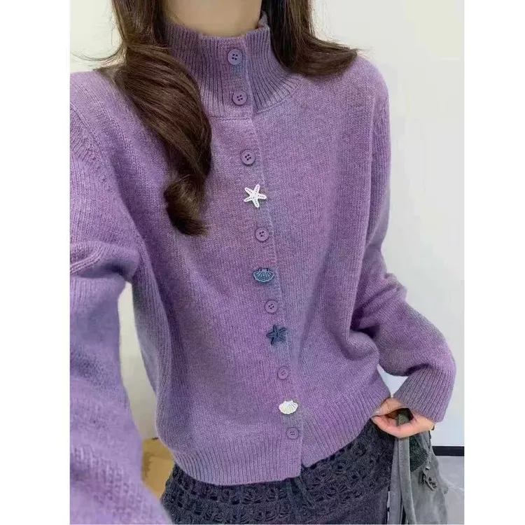 【小海星纽扣开衫】2025年新款立领加厚冬季外套宽松针织毛衣女显白