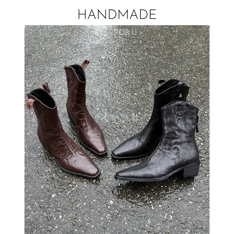 漫言町6cm头层手抓纹羊皮V口时装靴短靴尖头粗跟重工西部靴休闲