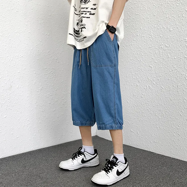 仓石一树浅蓝色七分牛仔裤男装夏季新款宽松美式直筒休闲舒适短裤