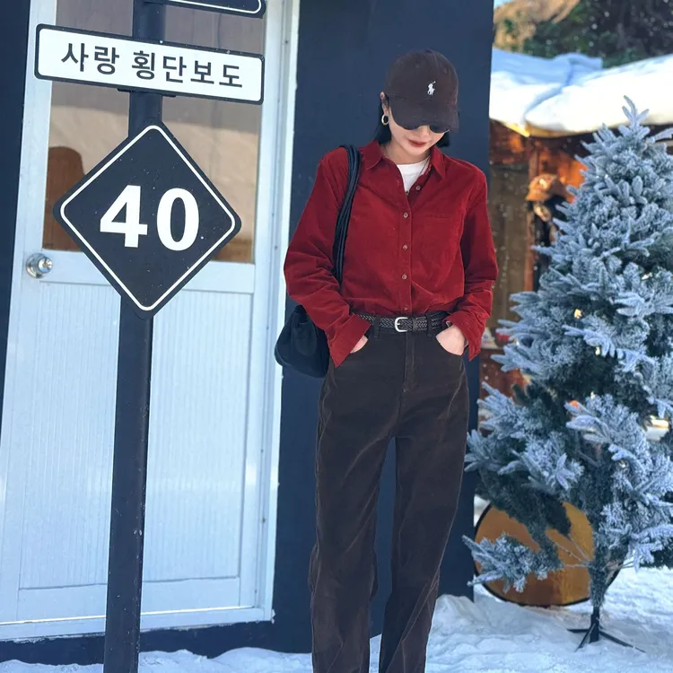 衬衫女2025秋冬弹力复古灯芯绒法式长袖衬衣叠穿打底时尚上衣