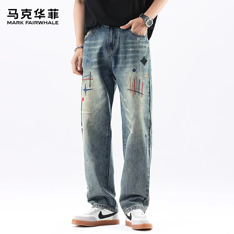马克华菲2025新款男刺绣秋季长裤美式弹力直筒牛仔裤水洗复古百搭