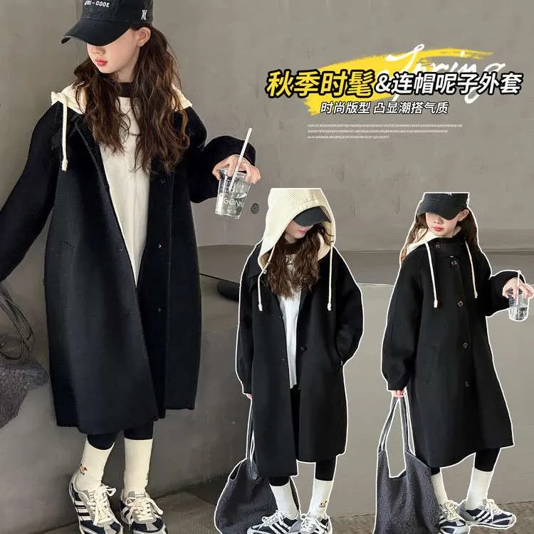 FAVMARTHA儿童风衣2025秋冬新款大童时髦外套女大童毛呢加厚连帽
