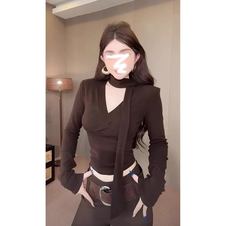 设计感飘带v领紧身T恤早秋季2025新款内搭打底衫女小个子长袖上衣