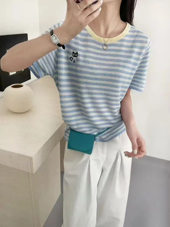 2025夏季新款韩版宽松显瘦条纹短袖针织衫女撞色小猫刺绣T恤上衣