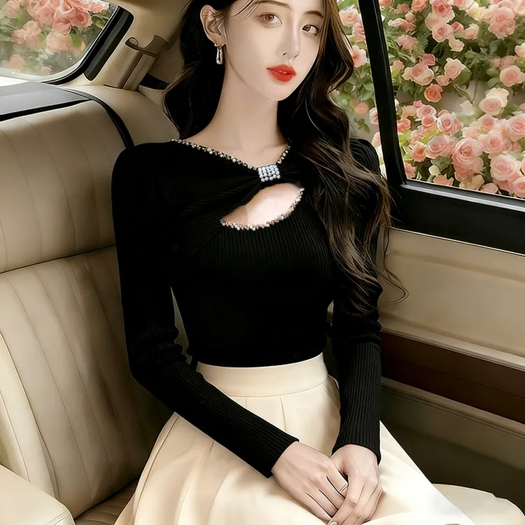 洋气高端钉钻镂空打底衫毛衣女爆款春秋季不规则修身内搭针织上衣