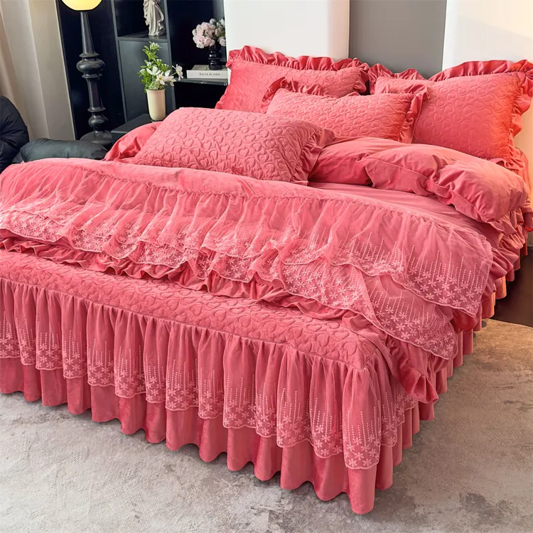 A类加厚宝宝绒夹棉蕾丝床裙款四件套冬季保暖花边被罩套床罩床单