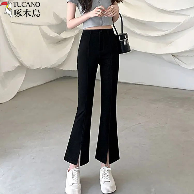 TUCANO/啄木鳥黑色开叉微喇裤女款秋季新款小个子高腰显瘦九分裤