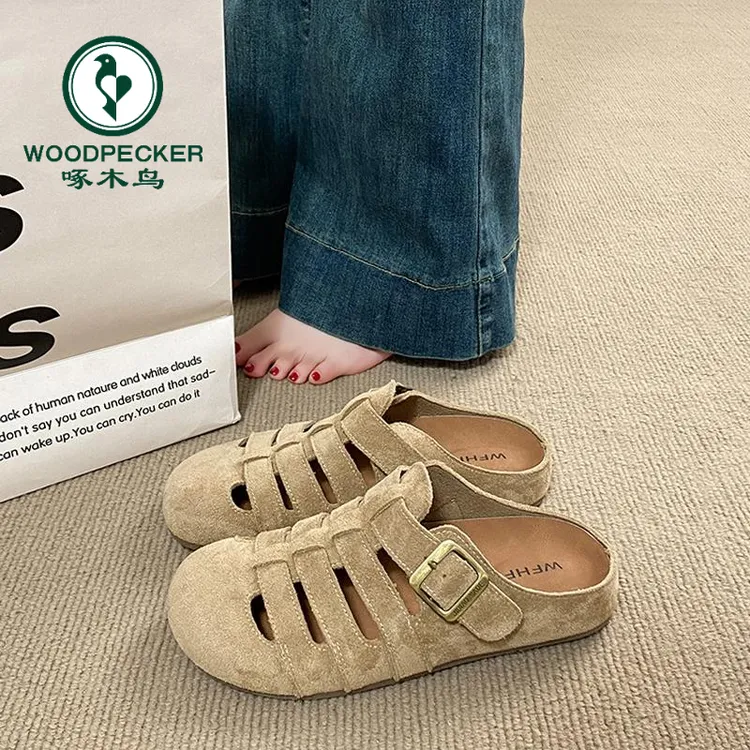 啄木鸟女罗马凉拖鞋2025新款夏季包头凉鞋平底镂空透气厚底半拖