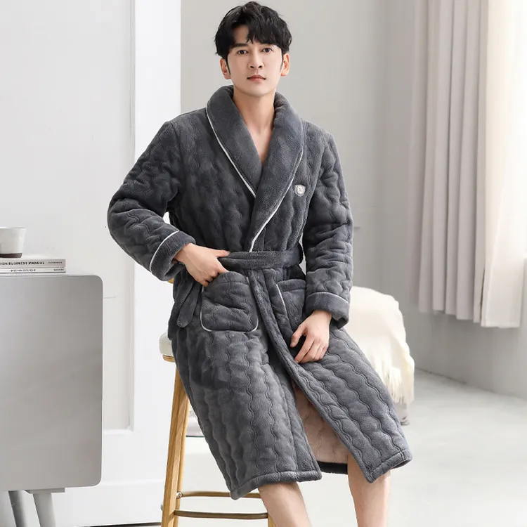 芬腾可安睡袍男士三层夹棉高档中长款保暖睡衣一体式冬加厚加绒家