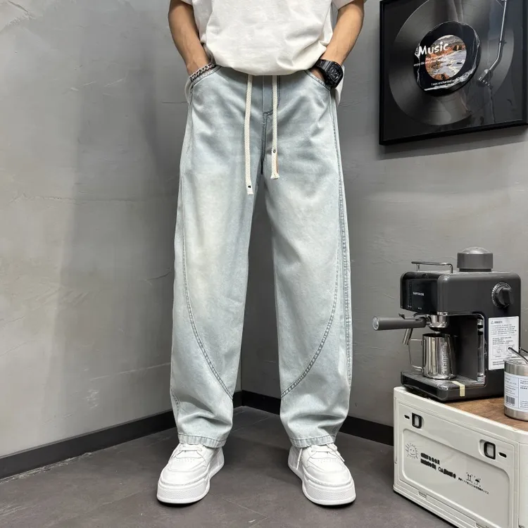 锥形直筒宽松拼色阔腿休闲裤百搭纯色哈伦老爹正规牛仔长裤新款男