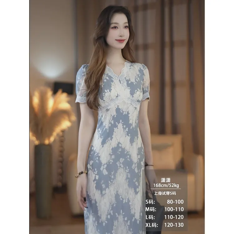 【潇潇】蓝花瓷春季新款法式气质高级显瘦直筒连衣裙-YL11314