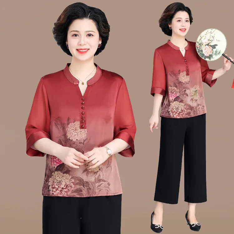 母亲节妈妈夏装国风套装洋气减龄中老年女夏季短袖雪纺上衣两件套