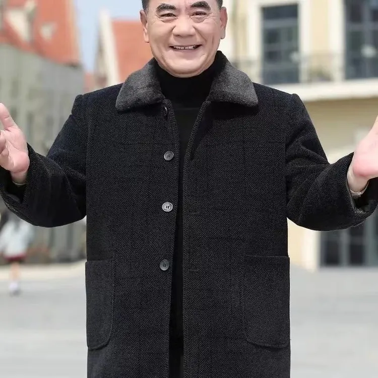 雪尼尔中老年爸爸冬装毛呢外套男士冬季加绒加厚翻领纽扣保暖大衣