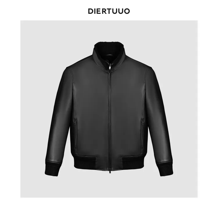 DIERTUUO迪途-68103男士冬款时尚休闲加绒立领保暖黑色真皮皮衣