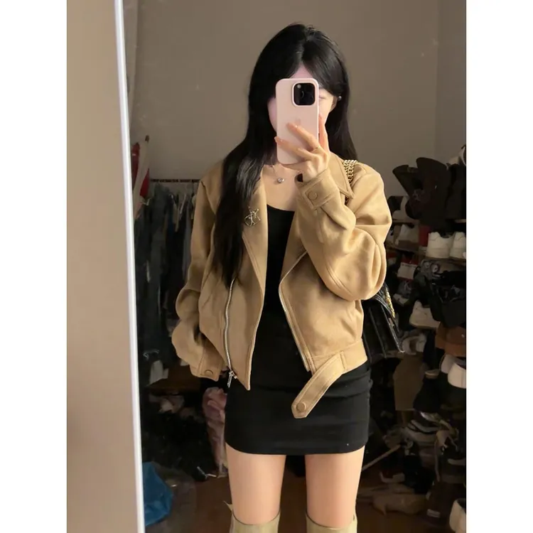 美拉德复古风麂皮绒外套女新款春秋季高级感独特超看好短夹克上衣