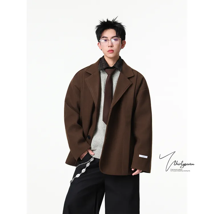 V37美式复古西装外套男秋季高街潮牌夹克上衣日常高级感毛呢大衣