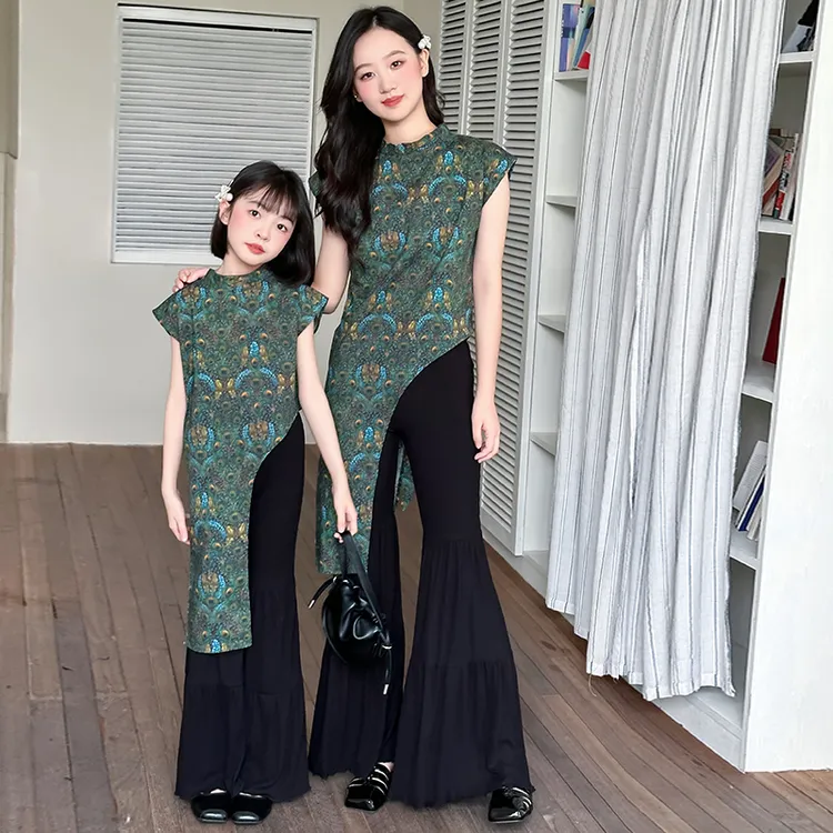 儿童装旗袍裙套装夏季2025新款复古风喇叭裤两件套中国风显瘦服装