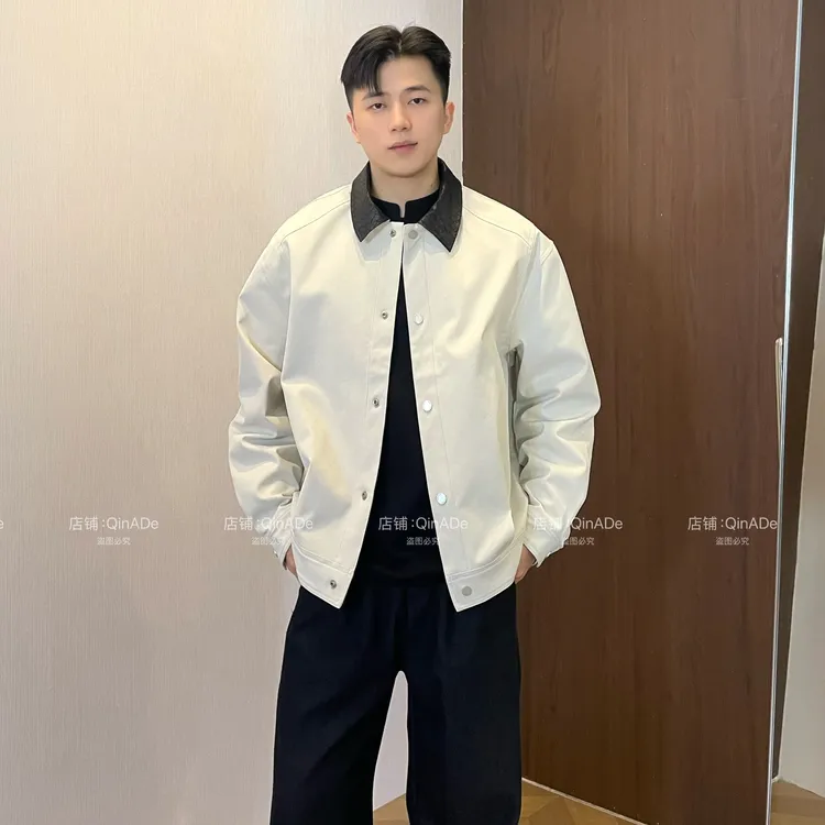 QinADe秋季巴恩风美式复古定制编织皮革底特律休闲翻领夹克外套男