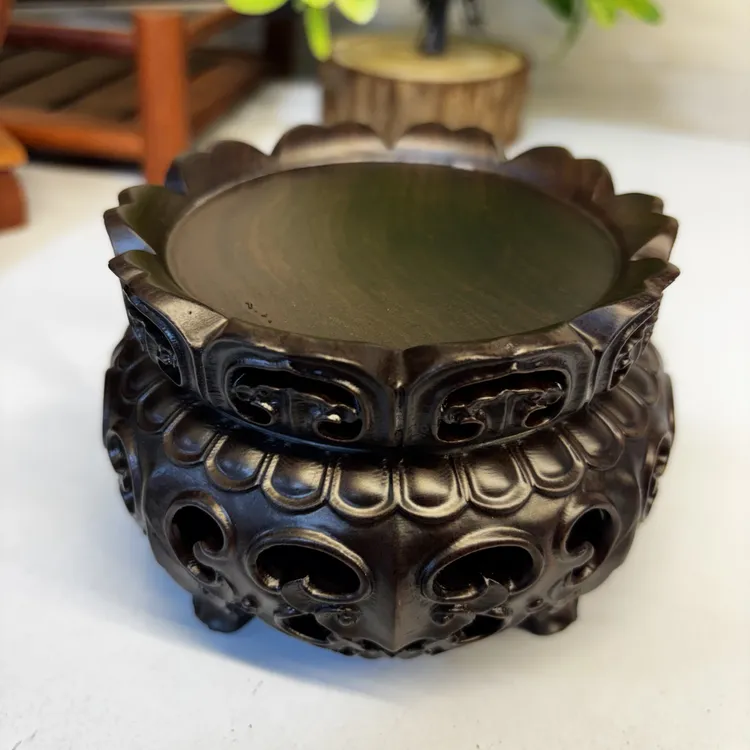 黑檀皇冠如意卷草纹壶承底座红木香几摆件底座尺寸内8.5外12高7.5