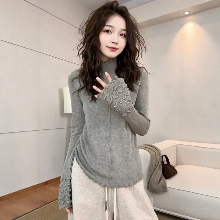 时尚花边显瘦打底针织衫女2025冬季大码胖MM修身百搭新款内搭毛衣