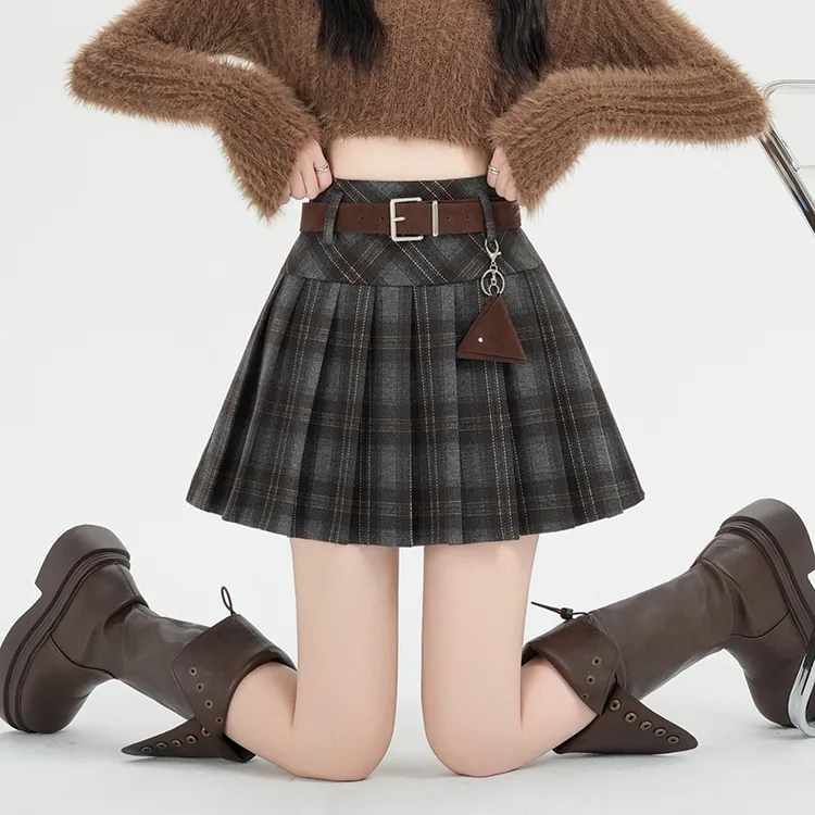 甜辣风半身裙秋冬新款百搭修身高腰毛呢格子百褶裙a字裙短裙